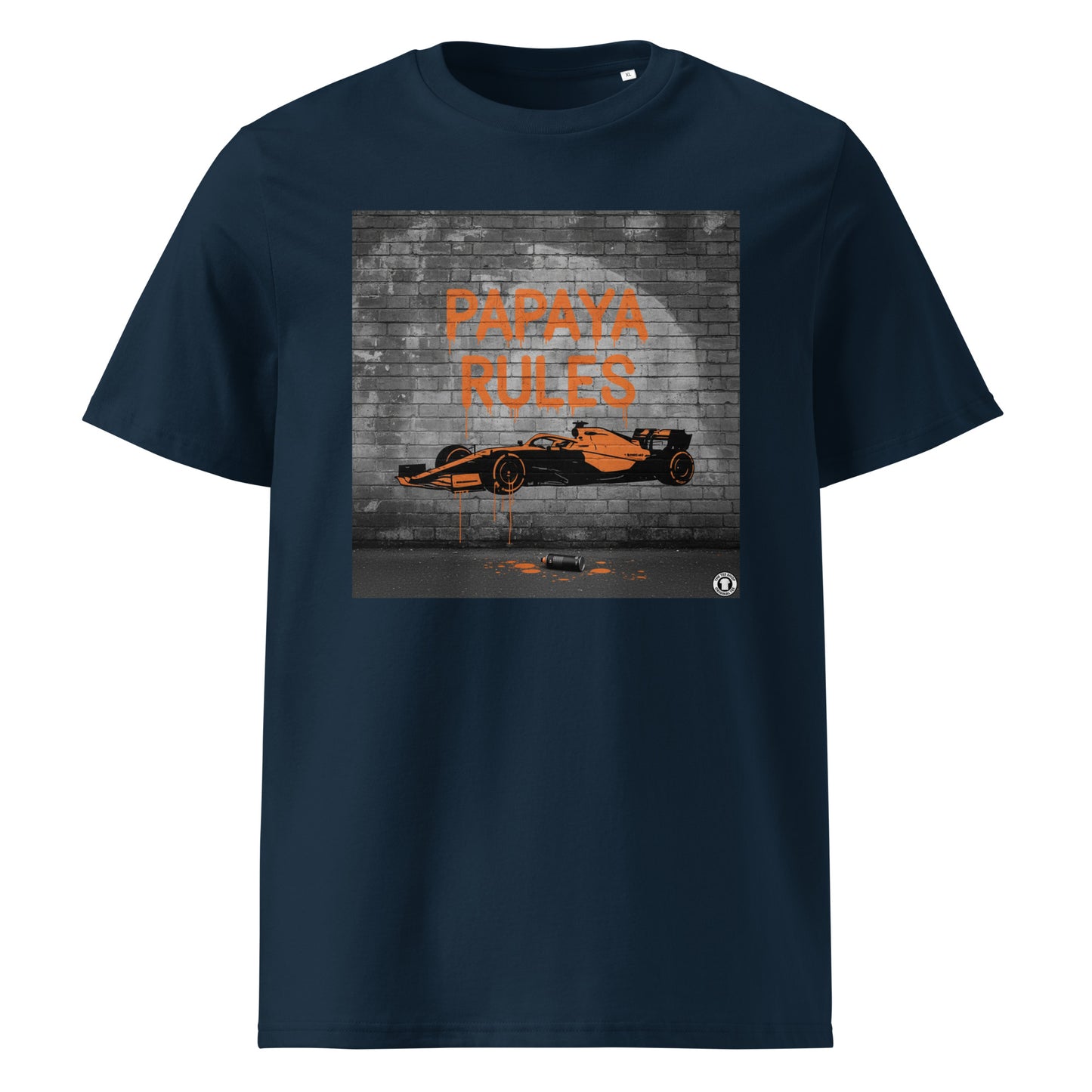 Navy organic cotton t-shirt with Papaya Rules graffiti art of an F1 car on a brick wall, showcasing bold papaya orange and black design by TheTeeShop.