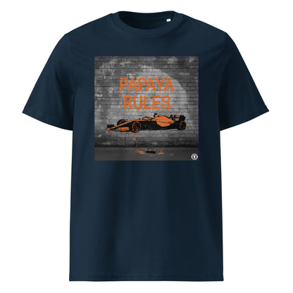 Navy organic cotton t-shirt with Papaya Rules graffiti art of an F1 car on a brick wall, showcasing bold papaya orange and black design by TheTeeShop.