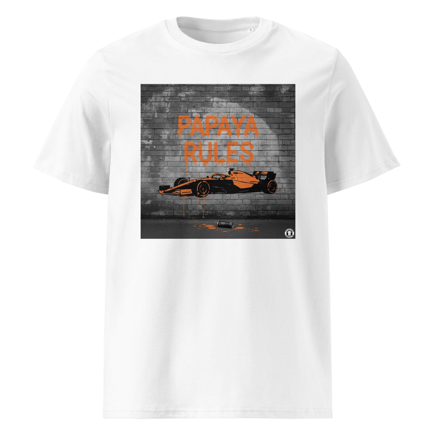 White organic cotton t-shirt with Papaya Rules graffiti art of an F1 car on a brick wall, showcasing bold papaya orange and black design by TheTeeShop.