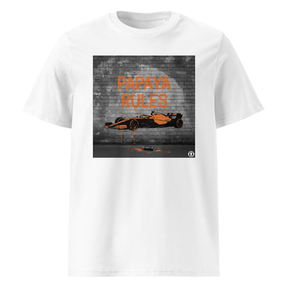 White organic cotton t-shirt with Papaya Rules graffiti art of an F1 car on a brick wall, showcasing bold papaya orange and black design by TheTeeShop.