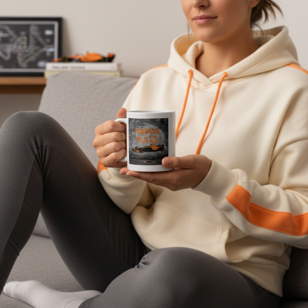 Female F1 fan in sporty homewear, enjoying a hot drink from the Papaya Rules Mug while relaxing on the sofa with McLaren or motorsport décor in the background.