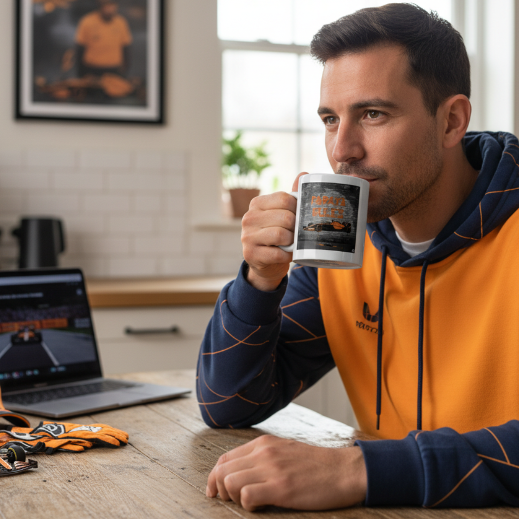 Male F1 fan in papaya loungewear, drinking from the Papaya Rules Mug at home, with McLaren memorabilia in the background.