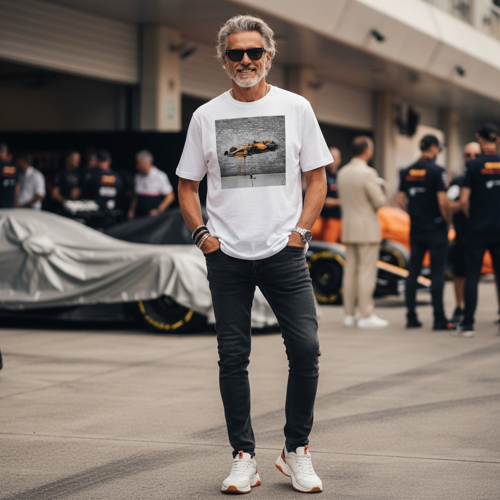 Man wearing TheTeeShop’s Papaya Series Graffiti Racer T-Shirt, featuring a graffiti-style McLaren F1 car design, standing in the paddock area with team members and covered cars in the background, showcasing bold McLaren-inspired motorsport streetwear.