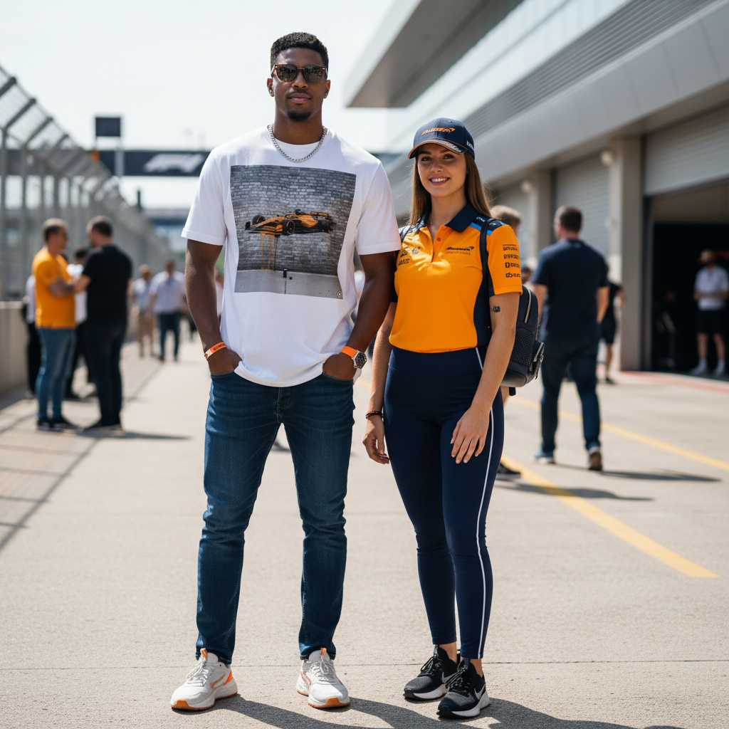 Man wearing TheTeeShop’s Papaya Series Graffiti Racer T-Shirt standing next to a woman in official McLaren teamwear at a Formula 1 paddock, showcasing bold McLaren-inspired motorsport streetwear.