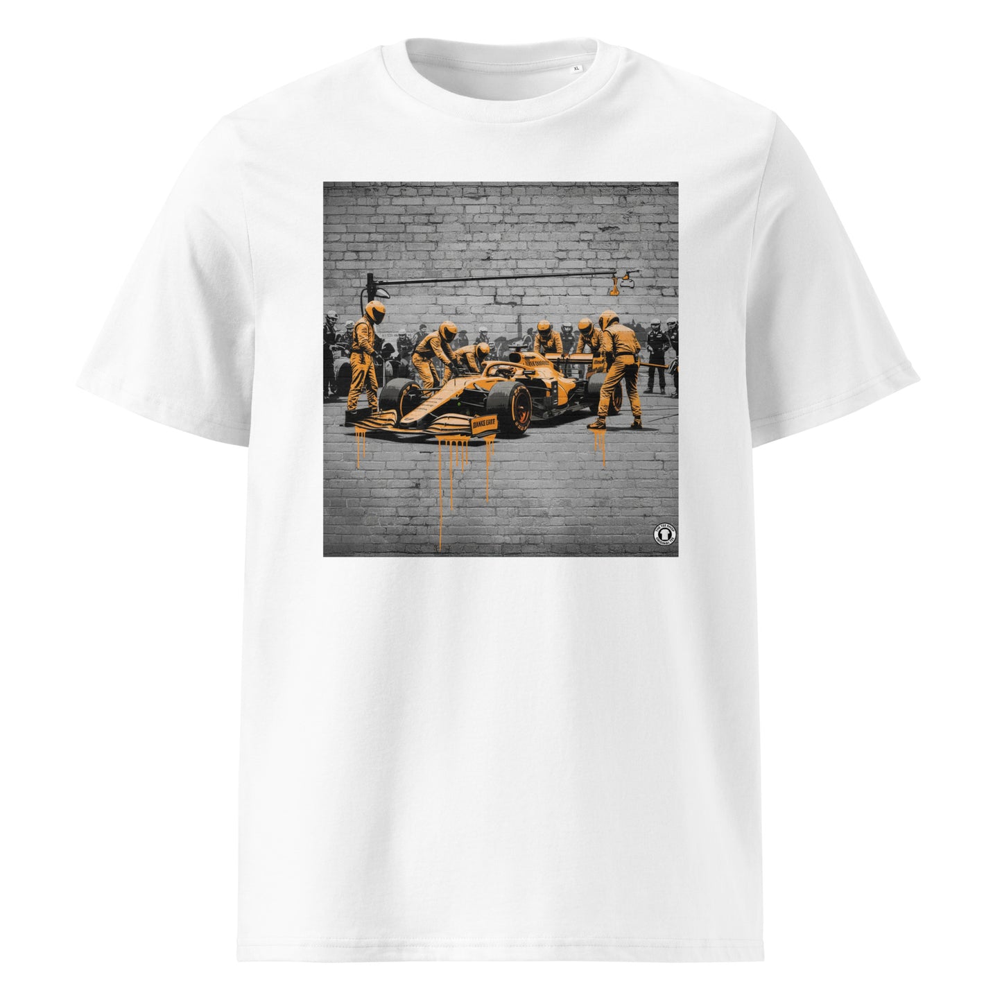White unisex t-shirt featuring a street art graffiti design of a McLaren-inspired pit stop scene with bold papaya orange accents, part of TheTeeShop’s Papaya Series in the Paddock Collection.