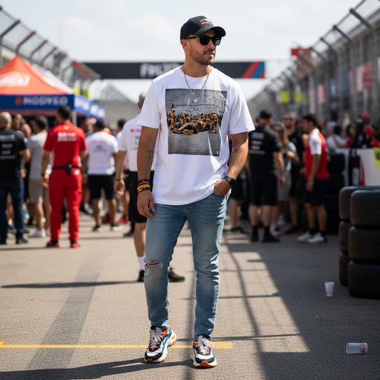 Man wearing TheTeeShop’s Papaya Series Pit Stop Graffiti T-Shirt, standing on a busy Formula 1 paddock with team members and fans in the background, showcasing bold McLaren-inspired street art motorsport apparel.