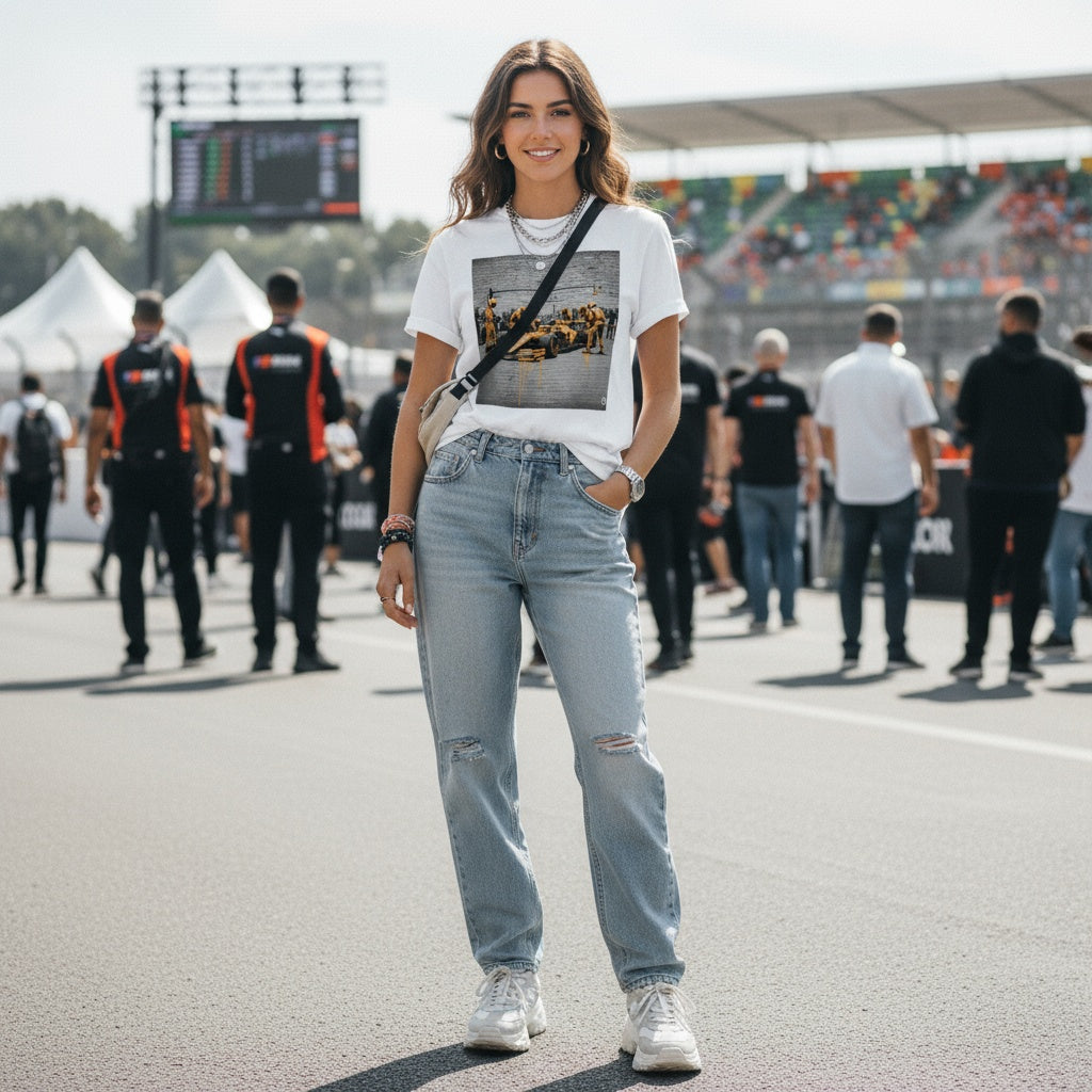 Young woman wearing TheTeeShop’s Papaya Series Pit Stop Graffiti T-Shirt, standing on the Formula 1 paddock with team members and fans in the background, showcasing bold McLaren-inspired street art motorsport apparel.