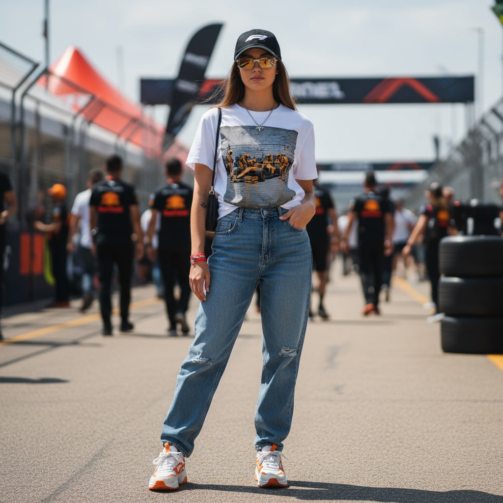 Young woman wearing TheTeeShop’s Papaya Series Pit Stop Graffiti T-Shirt, standing trackside at a Formula 1 event with team members and fans in the background, showcasing bold McLaren-inspired street art motorsport apparel.