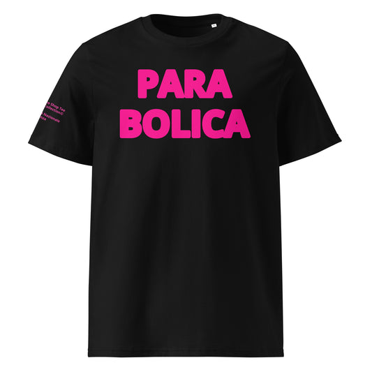 Front view of the Parabolica T-Shirt in black with pink Flo Viz, inspired by Monza’s iconic track.