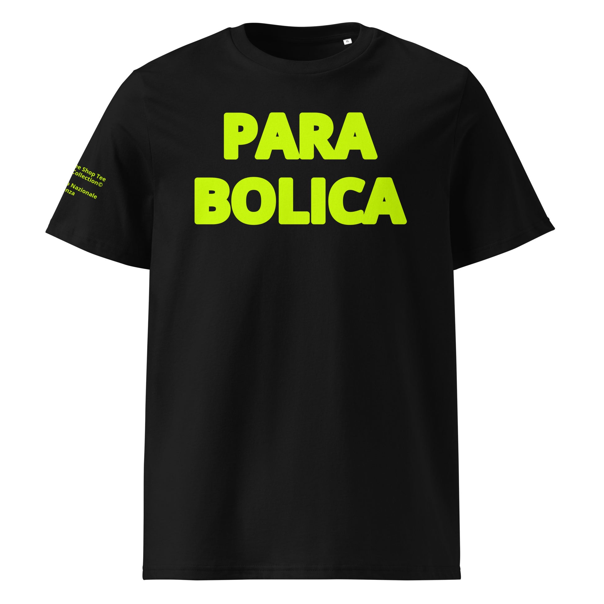 Front view of the Parabolica Black T-Shirt with yellow Flo Viz Viz, celebrating Monza’s legendary corner.