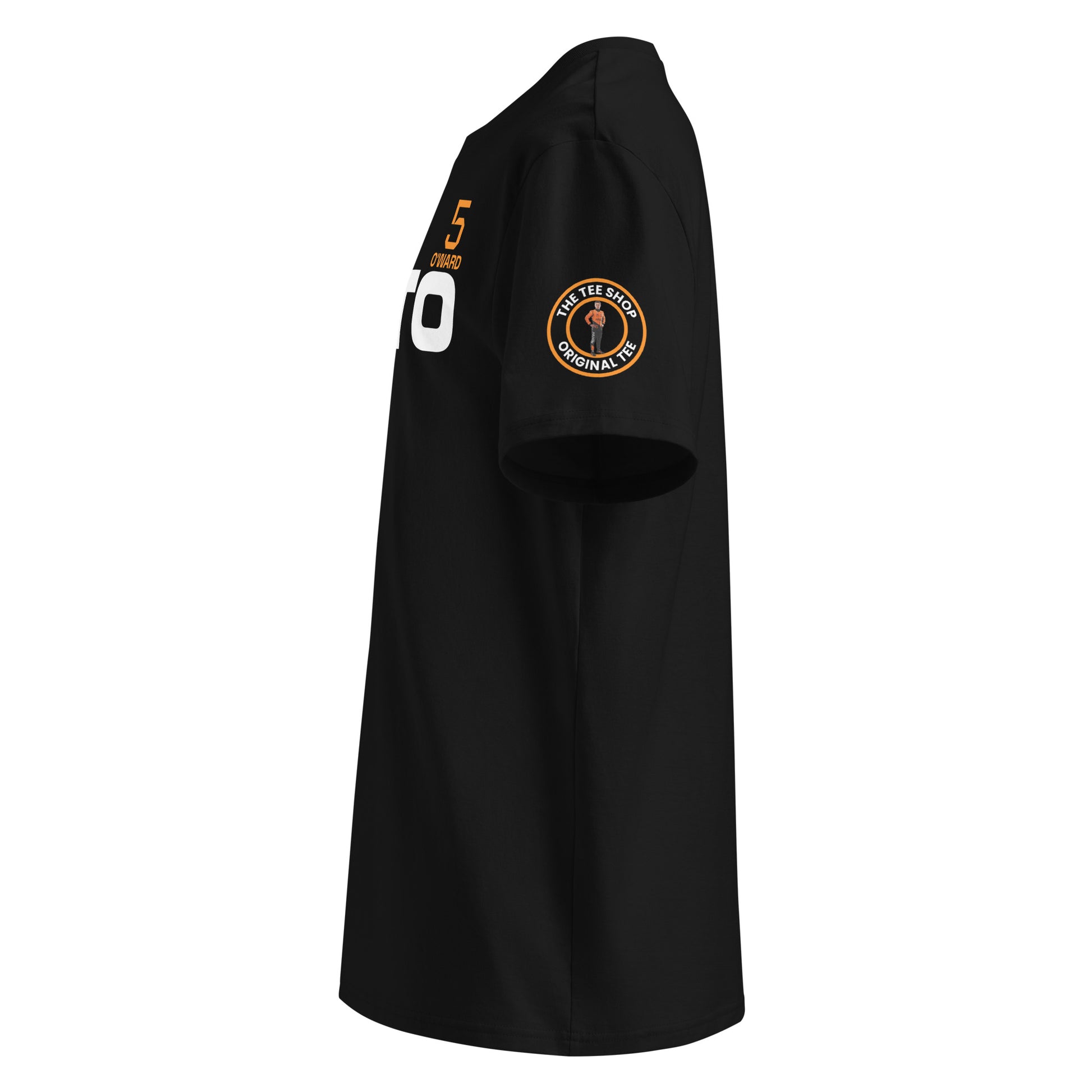 Left sleeve view of the Pato O’Ward T-Shirt in black, featuring the tee shop logo and unique detail.