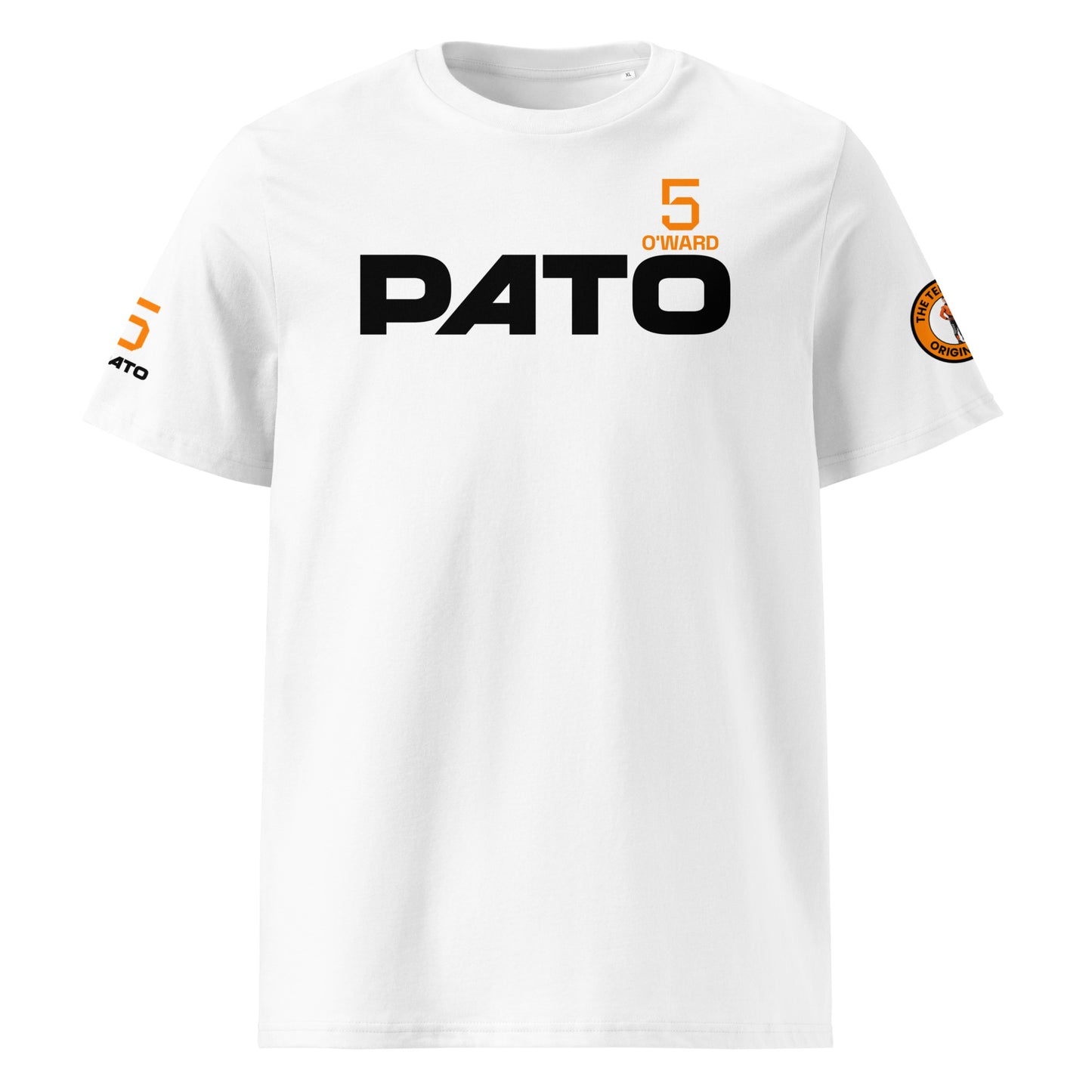 Front view of the Pato O’Ward T-Shirt in white, featuring bold “PATO” text and papaya orange number 5 and “O’WARD” details.