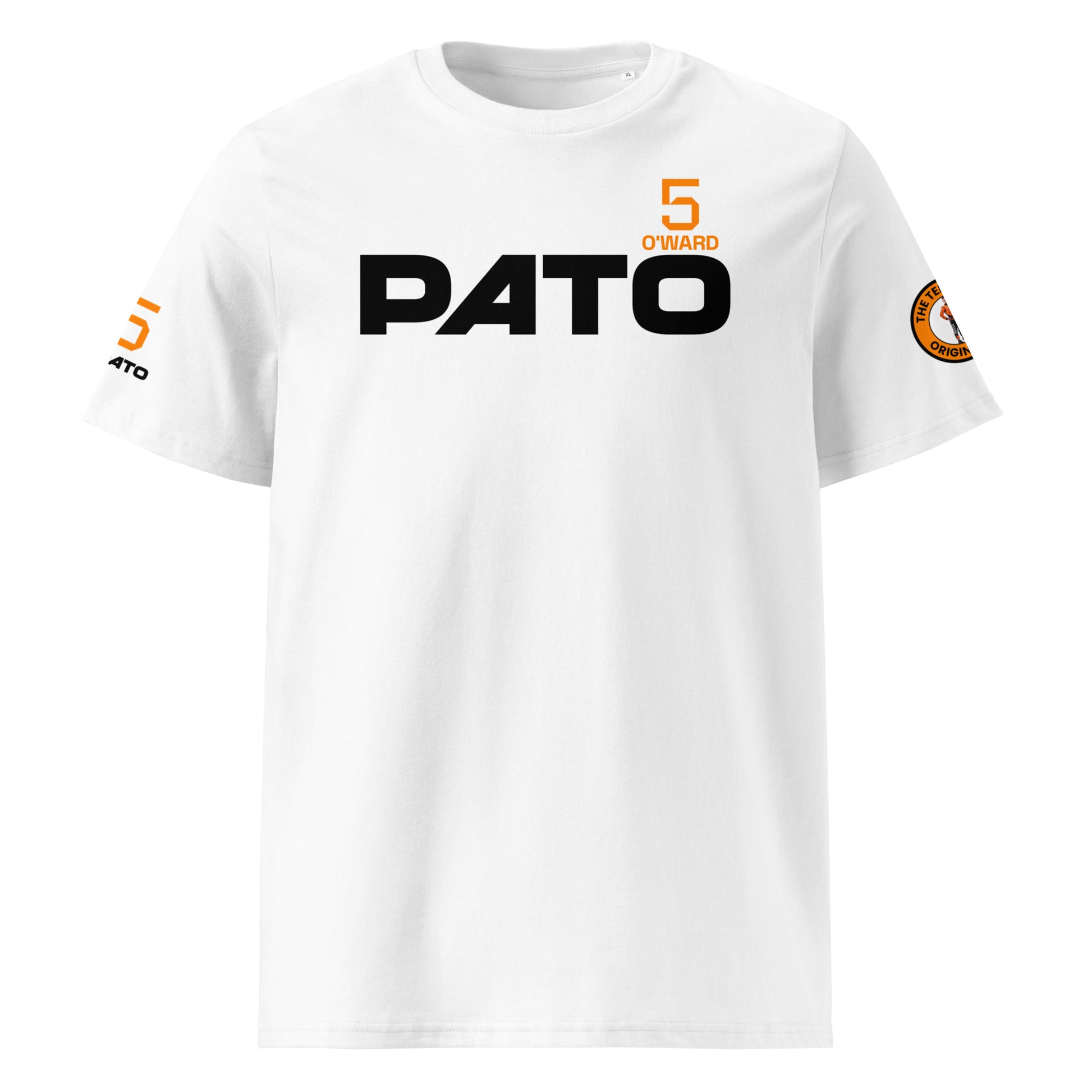 Front view of the Pato O’Ward T-Shirt in white, featuring bold “PATO” text and papaya orange number 5 and “O’WARD” details.