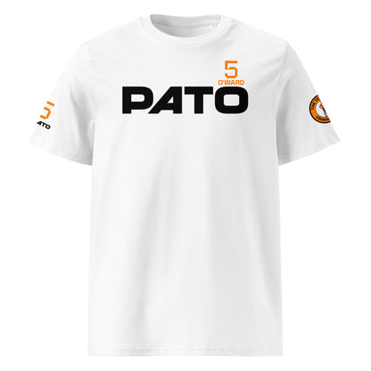 Front view of the Pato O’Ward T-Shirt in white, featuring bold “PATO” text and papaya orange number 5 and “O’WARD” details.