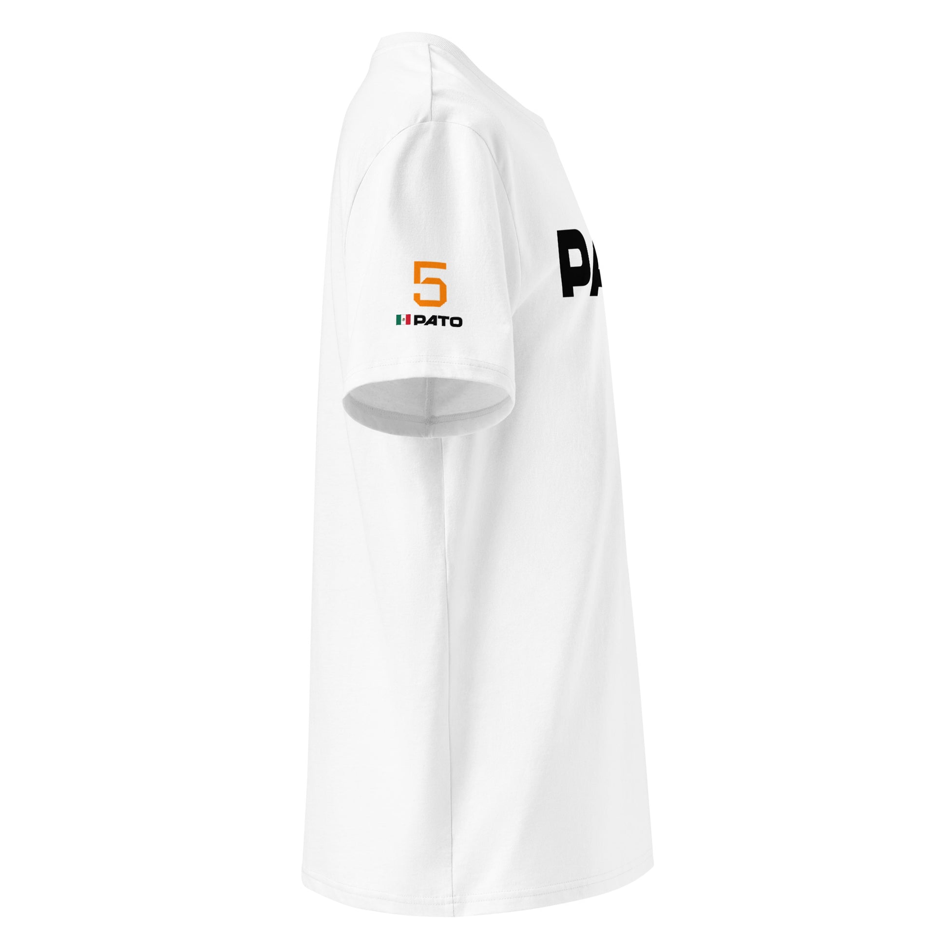 Left sleeve view of the Pato O’Ward T-Shirt in white, featuring the number 5 and “PATO” in papaya orange.
