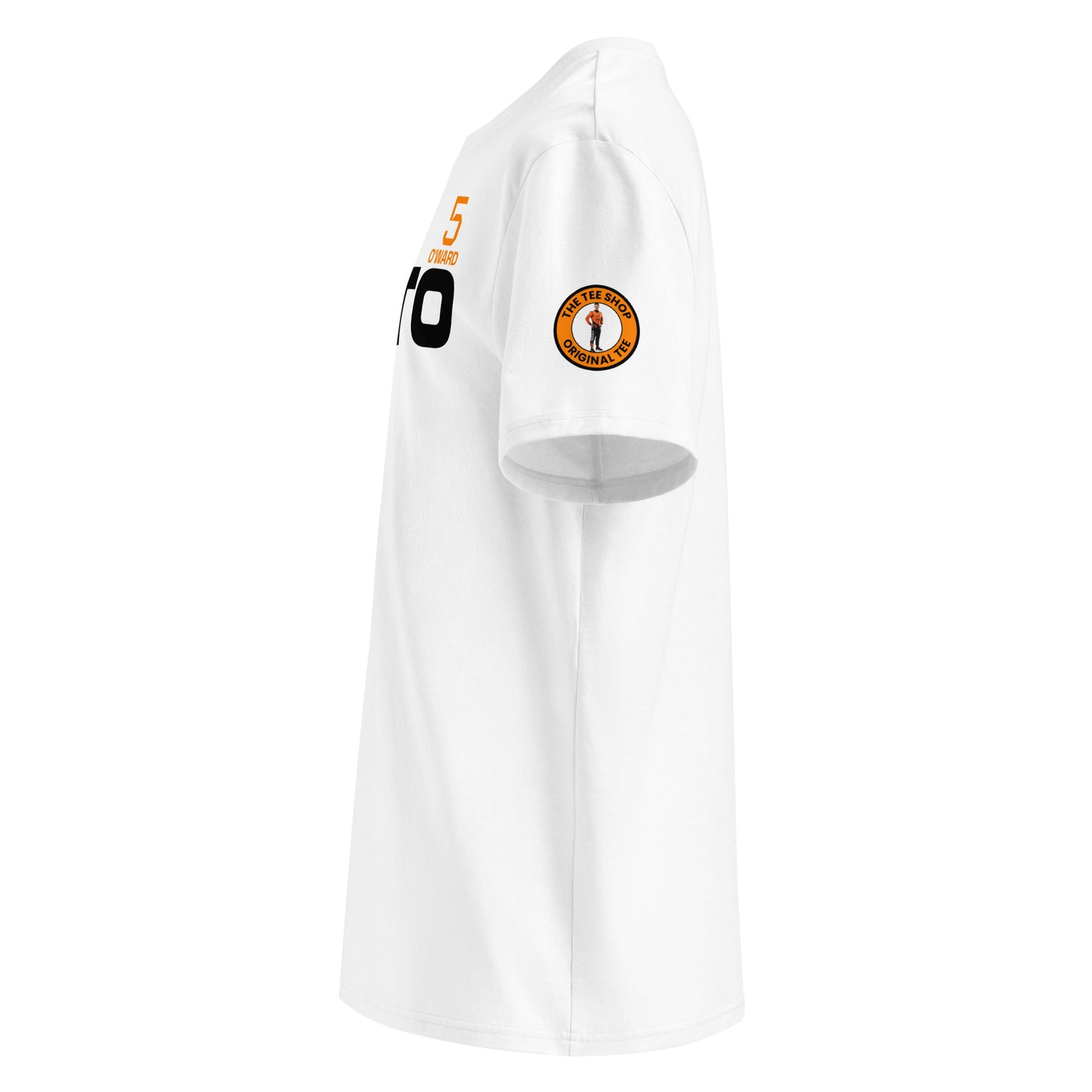 Right sleeve view of the Pato O’Ward T-Shirt in white, showcasing the Arrow McLaren SP circular logo in papaya orange.
