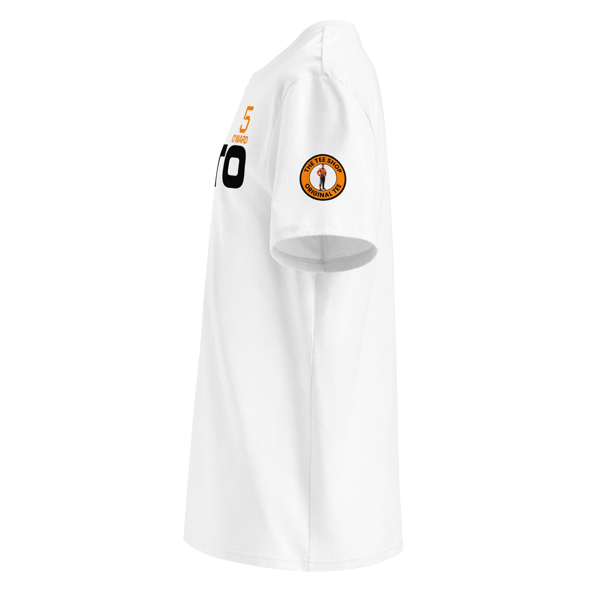 Right sleeve view of the Pato O’Ward T-Shirt in white, showcasing the Arrow McLaren SP circular logo in papaya orange.