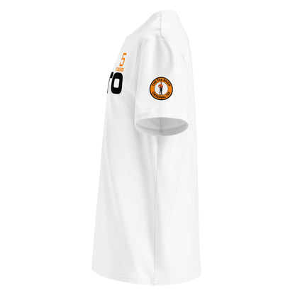 Right sleeve view of the Pato O’Ward T-Shirt in white, showcasing the Arrow McLaren SP circular logo in papaya orange.