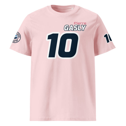 View the front of the pink Pierre Gasly T-Shirt, featuring "Pierre Gasly" and the number "10" in black and white. Perfect for F1 fans and petrol heads.