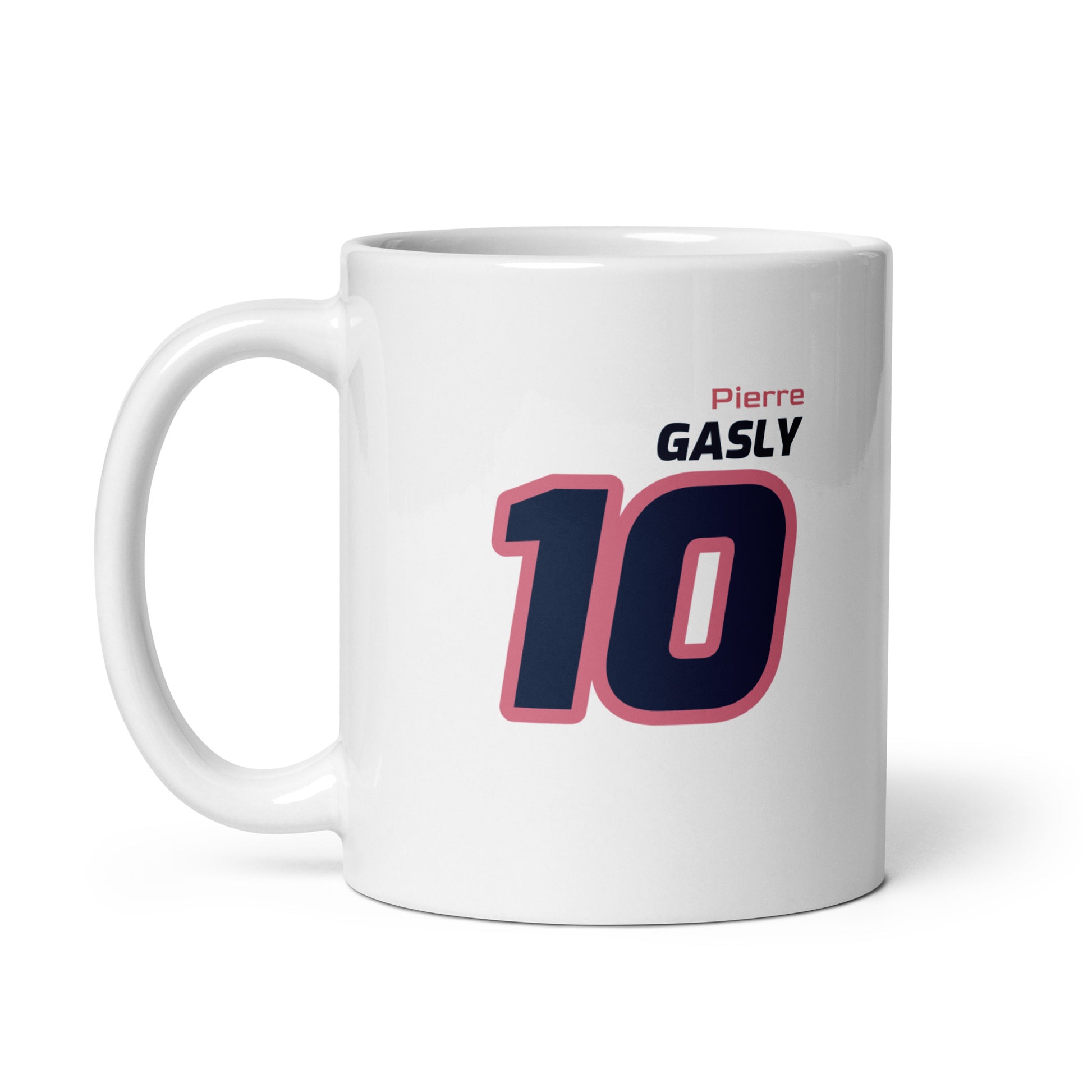 View of the Pierre Gasly Racing Mug from the left handle side, featuring his name and number in Alpine's team colours. Great for gifts and collections.