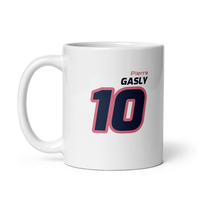 View of the Pierre Gasly Racing Mug from the left handle side, featuring his name and number in Alpine's team colours. Great for gifts and collections.