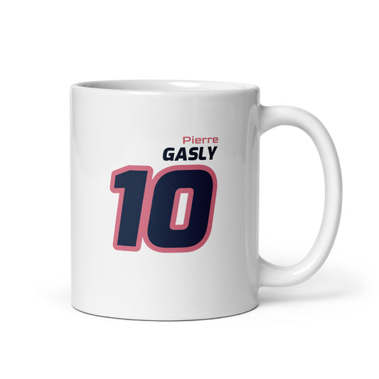 View of the Pierre Gasly Racing Mug from the right handle side, showcasing his name and number in Alpine's team colours. Perfect for motorsport fans.