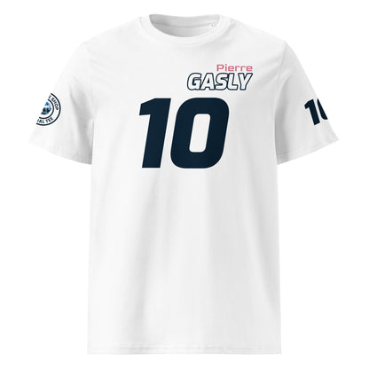 View the front of the white Pierre Gasly T-Shirt, featuring "Pierre Gasly" and the number "10" in black and white. Perfect for F1 fans and petrol heads.