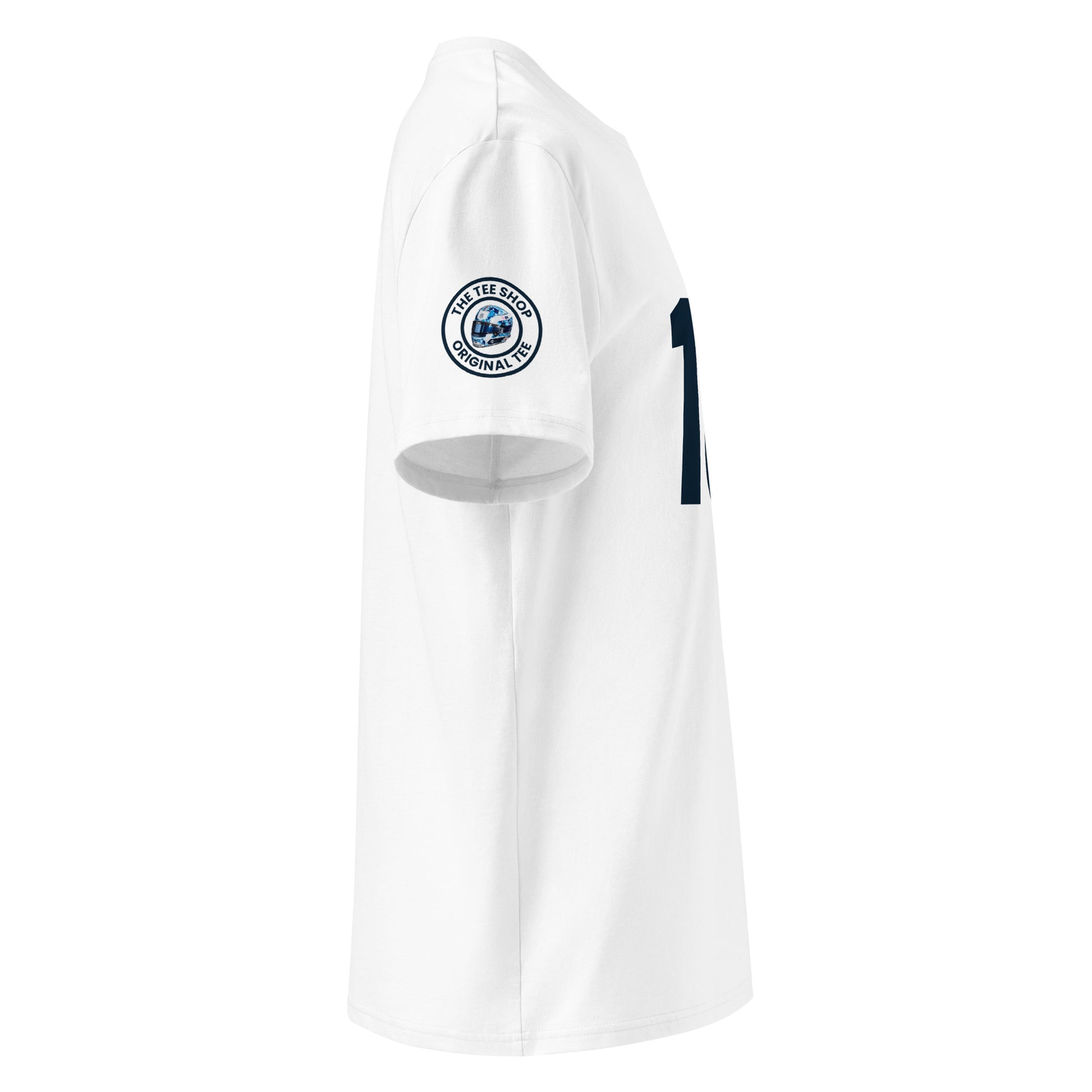 Check out the right sleeve of the white Pierre Gasly T-Shirt, showcasing TheTeeShop logo with a unique image correlating to Pierre Gasly.