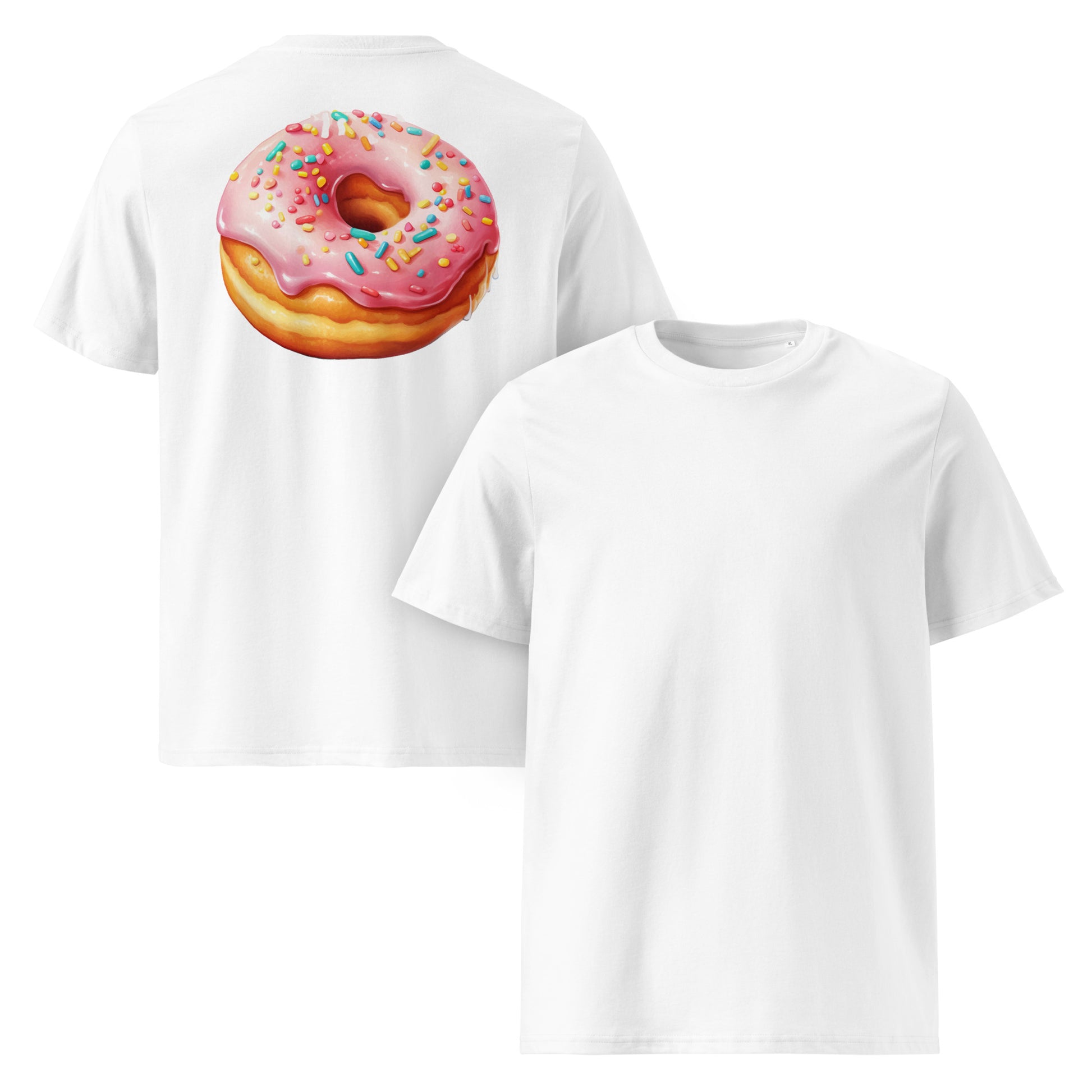 White unisex t-shirt with a plain front and a large pink icing donut with rainbow sprinkles graphic printed on the back. DTF printed, minimalist car meet tee for donut fans who love a surprise back print.