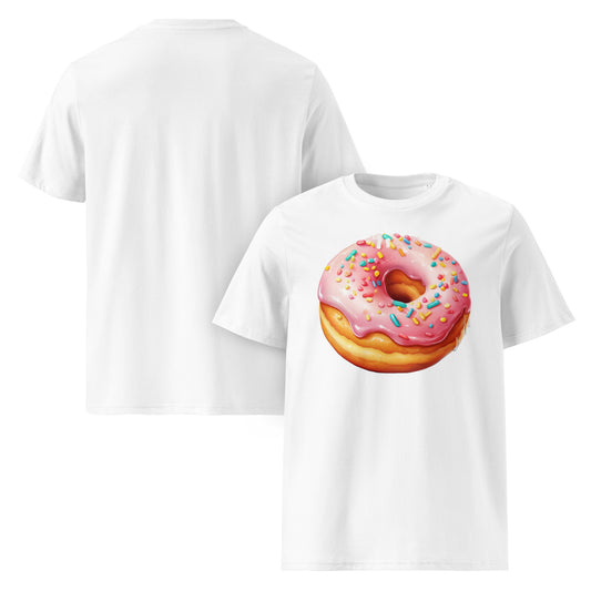 White unisex t-shirt with a large pink icing donut and rainbow sprinkles graphic printed on the front. Back is plain white. DTF printed, fun and simple car meet tee for donut fans.