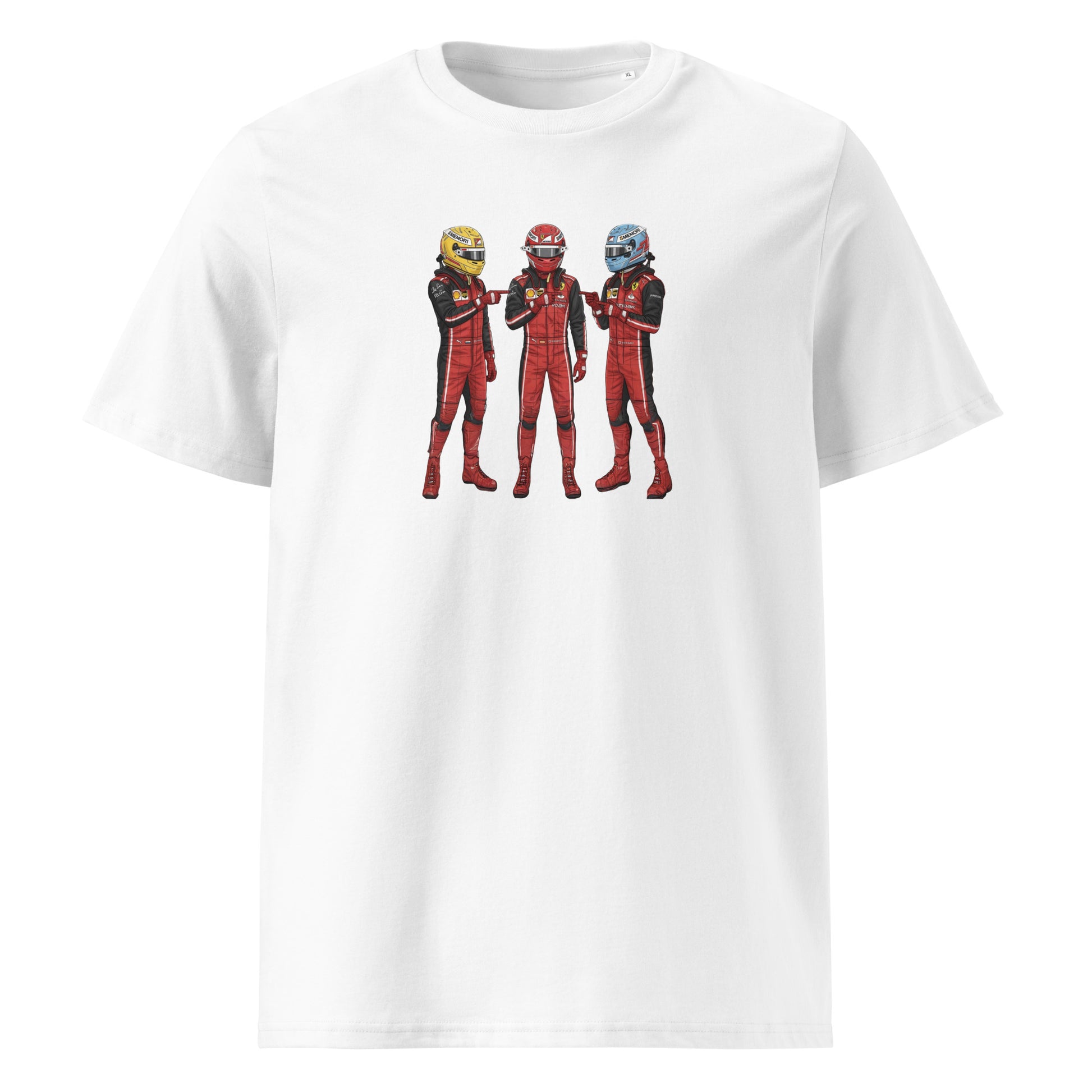 Three racing drivers, meme pose, unisex white tee.