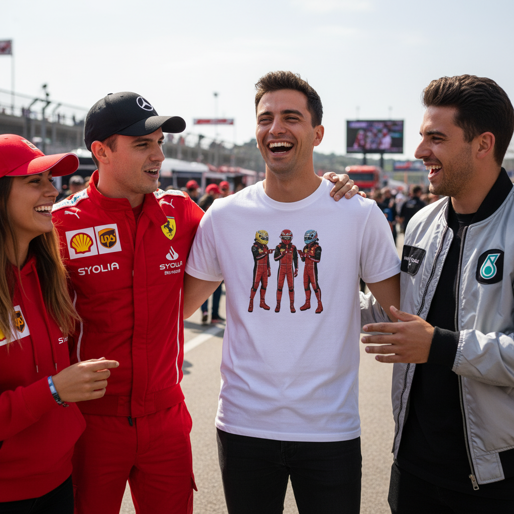 Central grand prix fan wearing the Pitwall Meme Drivers T-Shirt with three red-suited racing drivers pointing at each other, surrounded by two friends in red outfits and one in silver Mercedes-style fanwear, showcasing mixed team support around the meme tee.