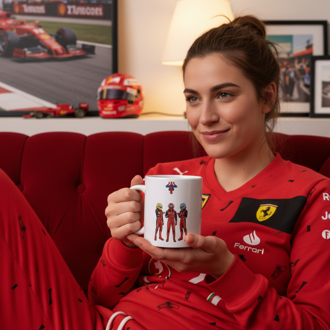 Female fan in race-themed homewear, enjoying a hot drink from the Pitwall Pointing Drivers Mug while relaxing on the sofa with motorsport décor in the background.