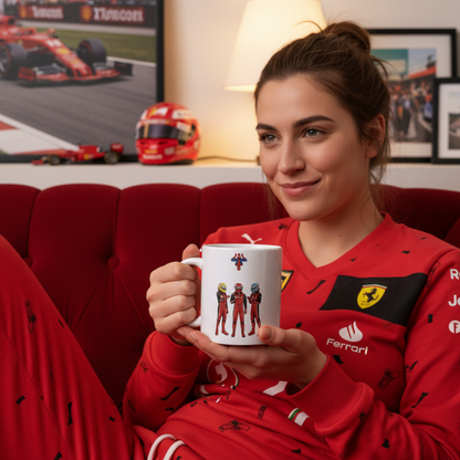 Female fan in race-themed homewear, enjoying a hot drink from the Pitwall Pointing Drivers Mug while relaxing on the sofa with motorsport décor in the background.