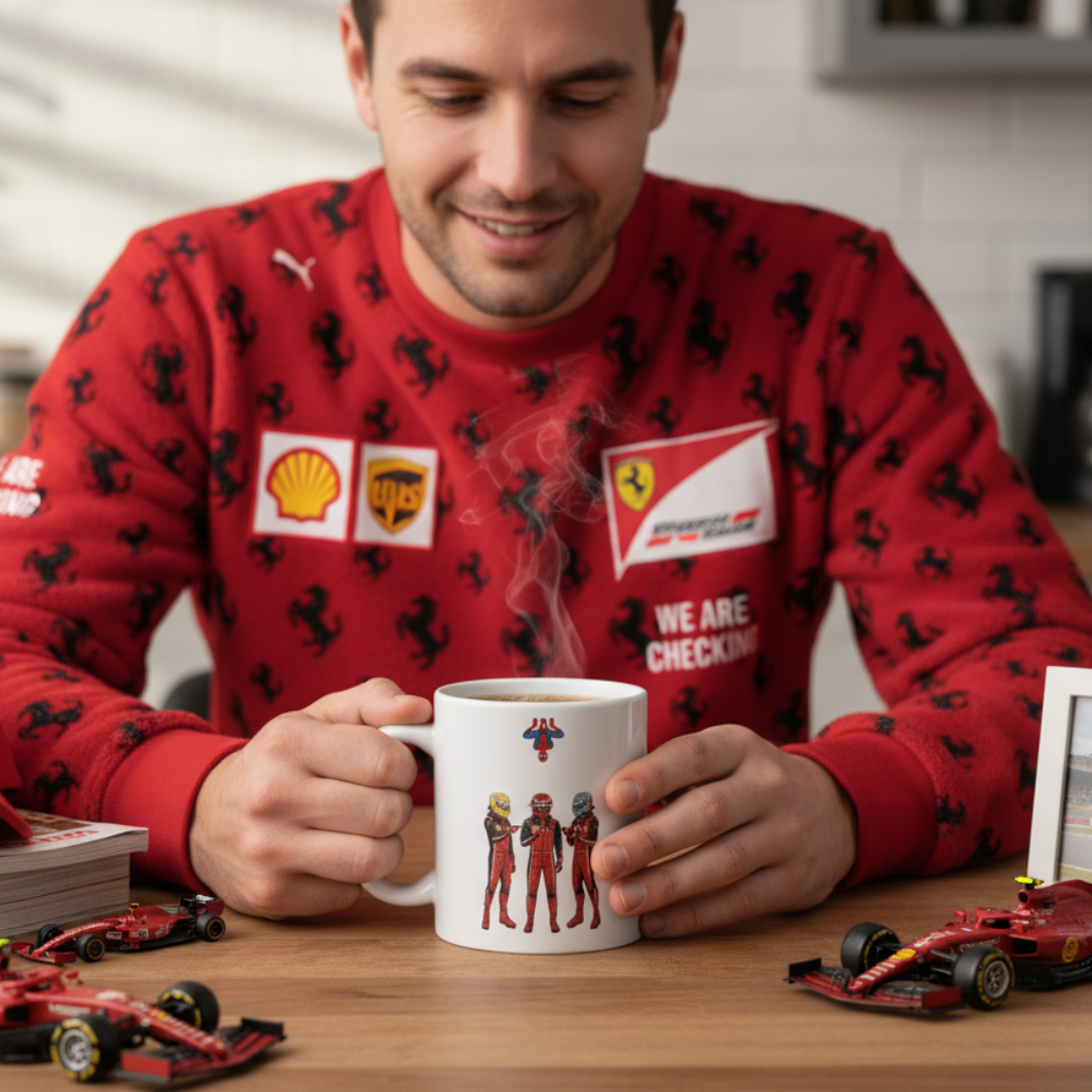 Male race fan in racing loungewear, drinking from the Pitwall Pointing Drivers Mug at home, with motorsport memorabilia in the background.