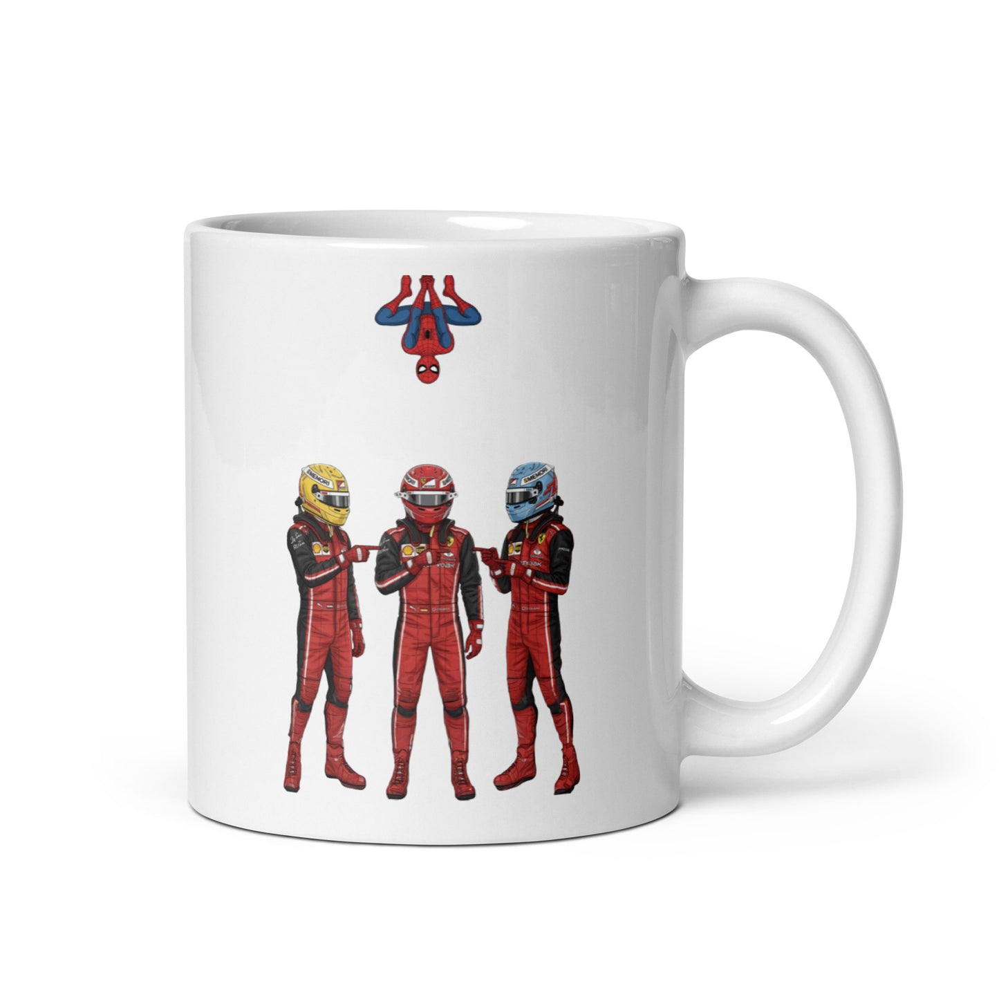 White ceramic 11oz mug featuring a playful illustration of three drivers in red race suits and helmets, all pointing at each other in a meme pose.