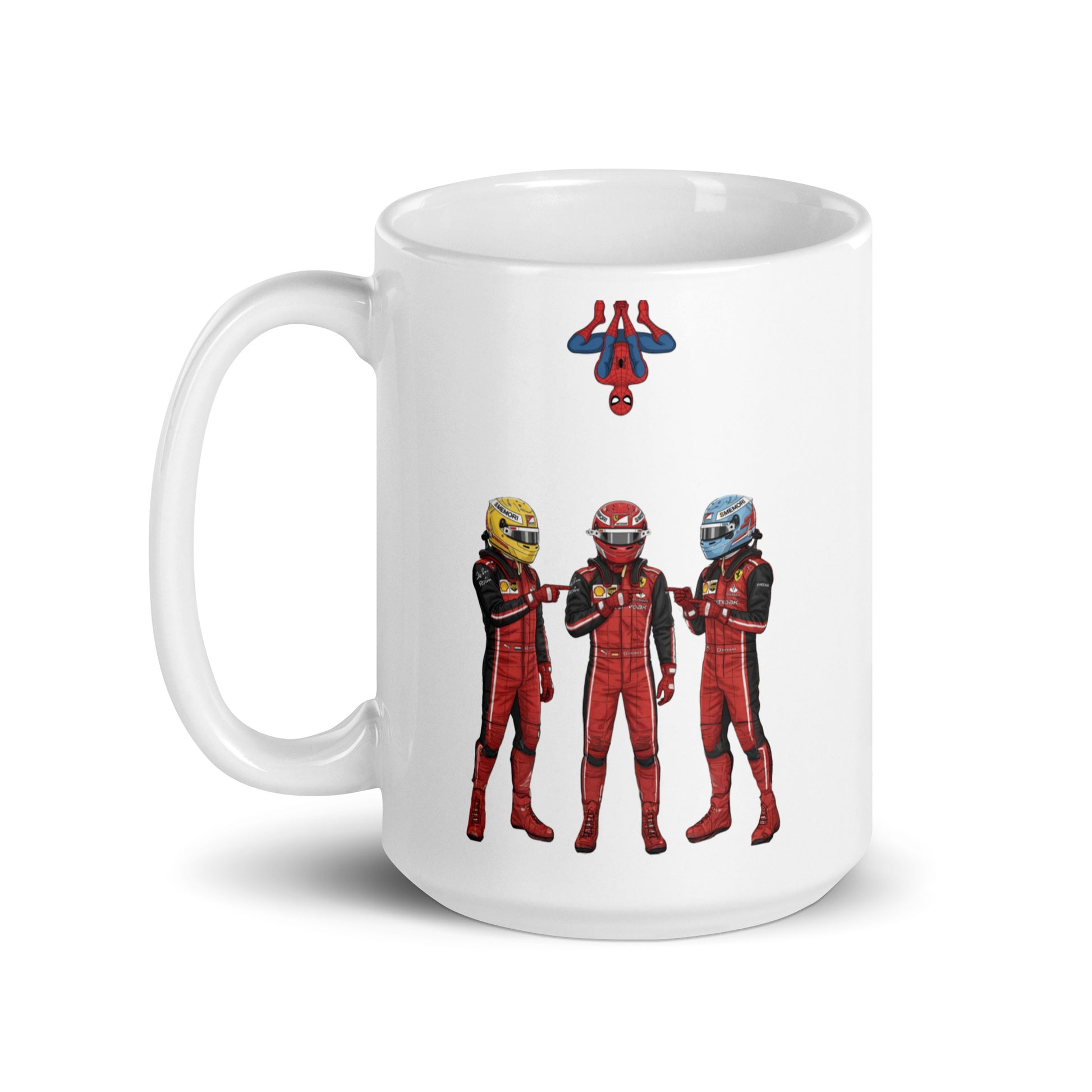 White ceramic 15oz mug featuring a playful illustration of three drivers in red race suits and helmets, all pointing at each other in a meme pose.
