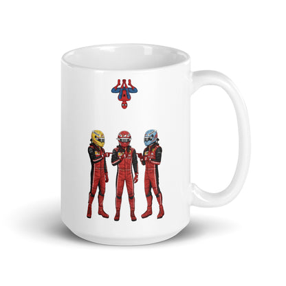 White ceramic 15oz mug featuring a playful illustration of three drivers in red race suits and helmets, all pointing at each other in a meme pose.