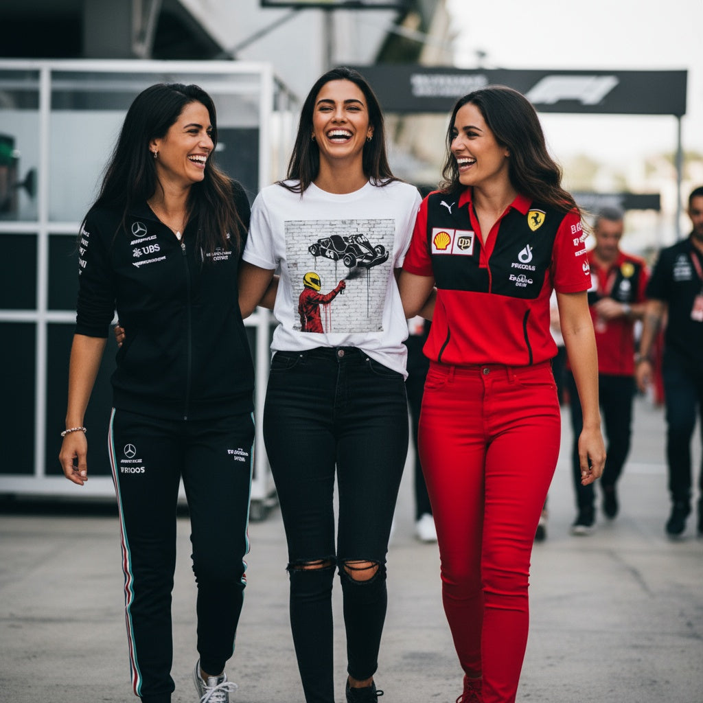 Woman wearing TheTeeShop’s Pitwall Series Humble Beginnings Graffiti T-Shirt featuring a graffiti-style kart, walking arm-in-arm with Mercedes and Ferrari fans in the paddock, showcasing unique motorsport-inspired streetwear.