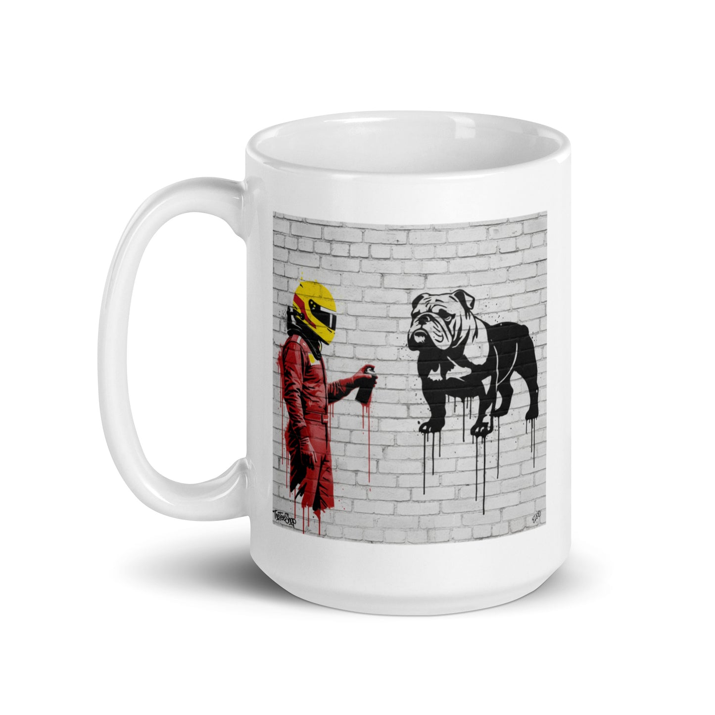 White ceramic 15oz mug featuring an art illustration of a racing driver in red overalls and a yellow helmet spray-painting a black and white bulldog on a white brick wall, inspired by a man and a dog.