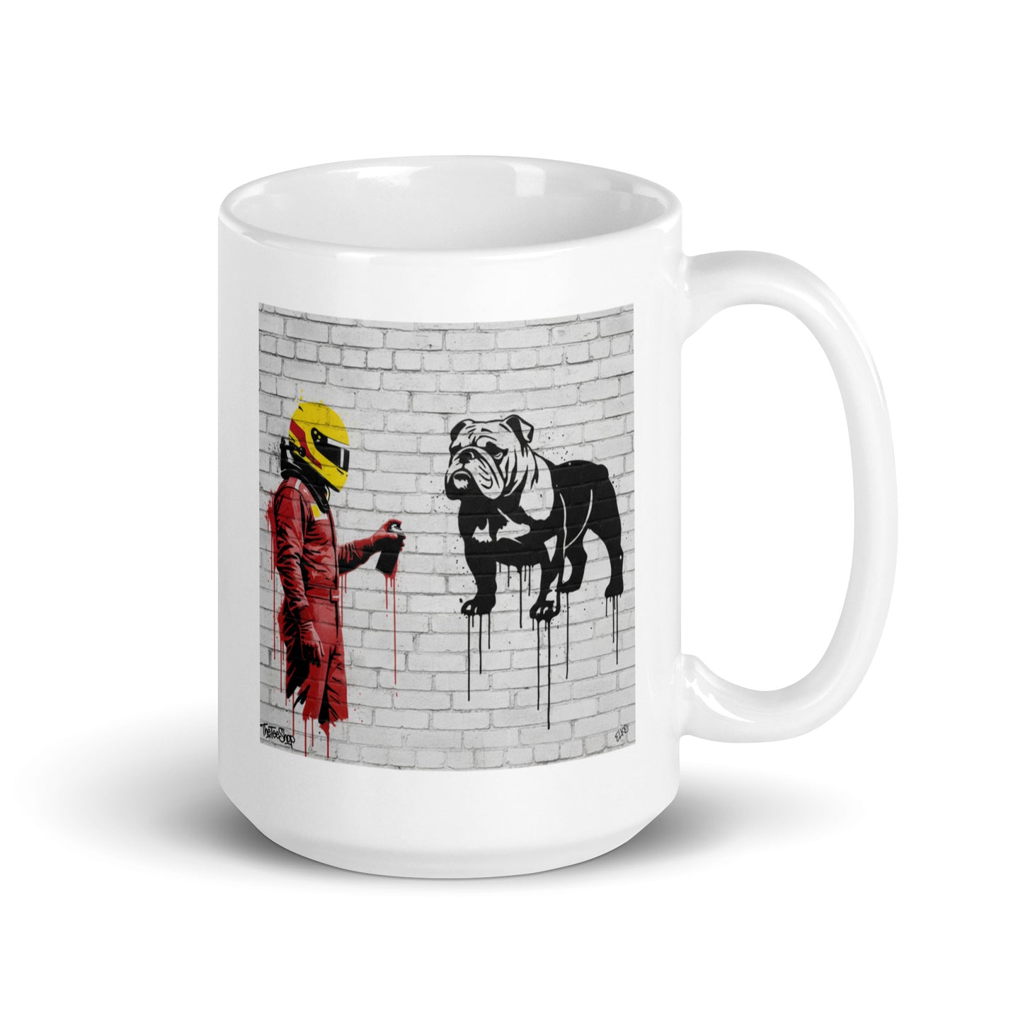 White ceramic 15oz mug featuring a street art illustration of a racing driver in red overalls and a yellow helmet spray-painting a black and white bulldog on a white brick wall, inspired by a man and his dog.