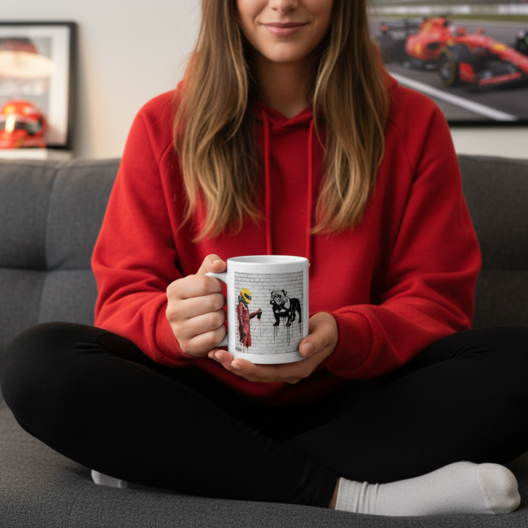 Female motorsport fan in red-accented homewear, enjoying a hot drink from the Pitwall Series: Roscoe Graffiti Mug while relaxing on the sofa with Ferrari or motorsport décor in the background.