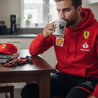 Male motorsport fan in race loungewear, drinking from the Scuderia Series: Roscoe Graffiti Mug at home.