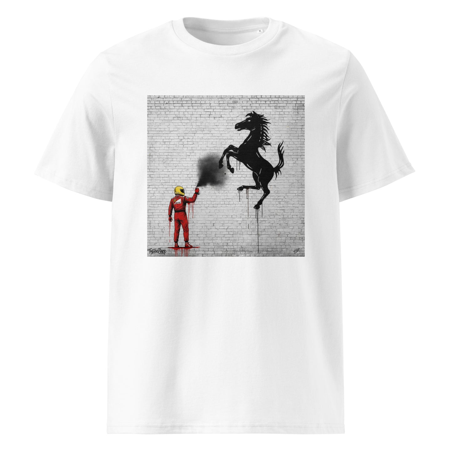 White unisex t-shirt featuring graffiti art of a race driver spray-painting a stallion on a brick wall, part of TheTeeShop’s Pitwall Series collection.

