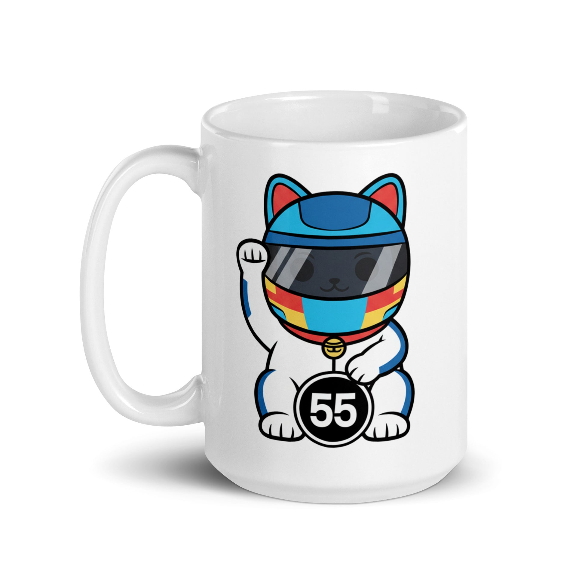Glossy ceramic mug with a helmeted lucky cat in white kit and a #55 coin ideal for fans who love calm strategy and clean overtakes.