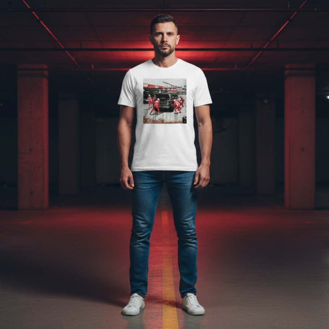 White car meet T-shirt being worn by a male model in an underground car park, with concrete background and subtle red lighting.