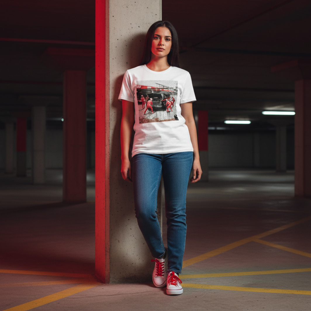 Female model in a white motorsport pit stop graphic T-shirt, blue jeans and white trainers with red laces, leaning against a concrete pillar in a moody red-lit underground car park.