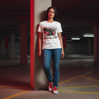 Female model in a white motorsport pit stop graphic T-shirt, blue jeans and white trainers with red laces, leaning against a concrete pillar in a moody red-lit underground car park.