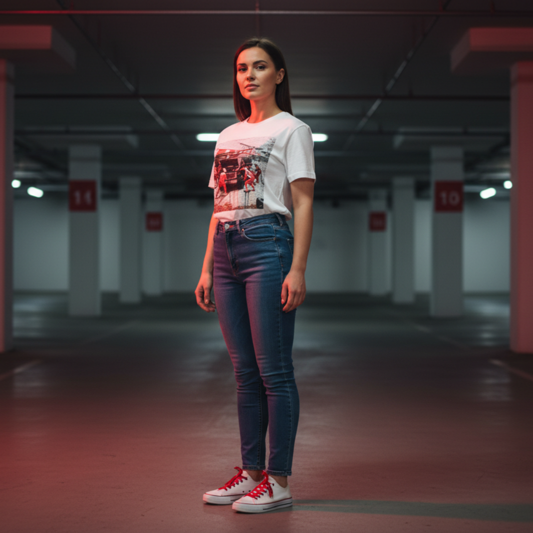 Female model wearing a white motorsport pit stop graphic T-shirt, blue high-waisted jeans and white trainers with red laces, standing three-quarter to camera in an underground car park with red lighting.
