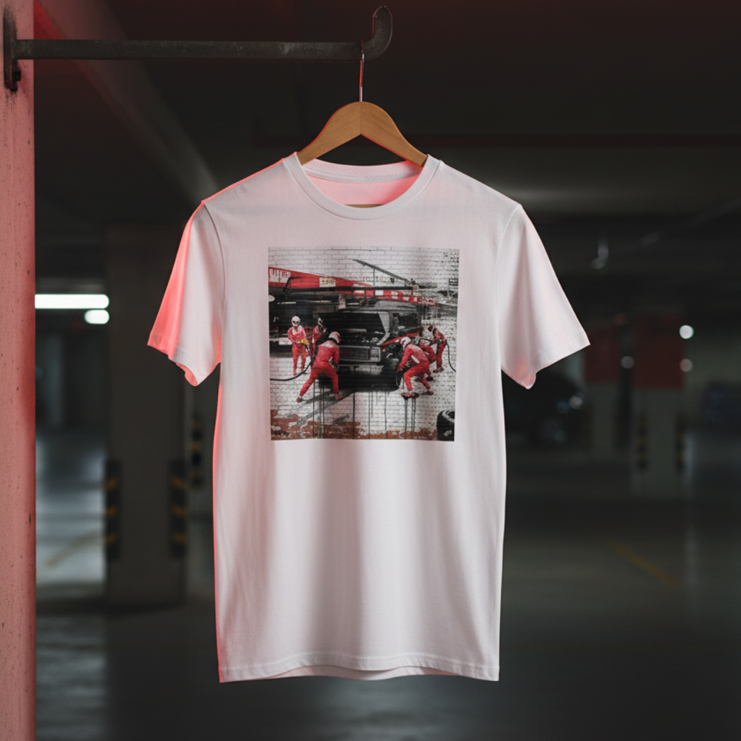 White motorsport pit stop graphic T-shirt hanging on a wooden hanger in an underground car park, with concrete background and subtle red lighting.